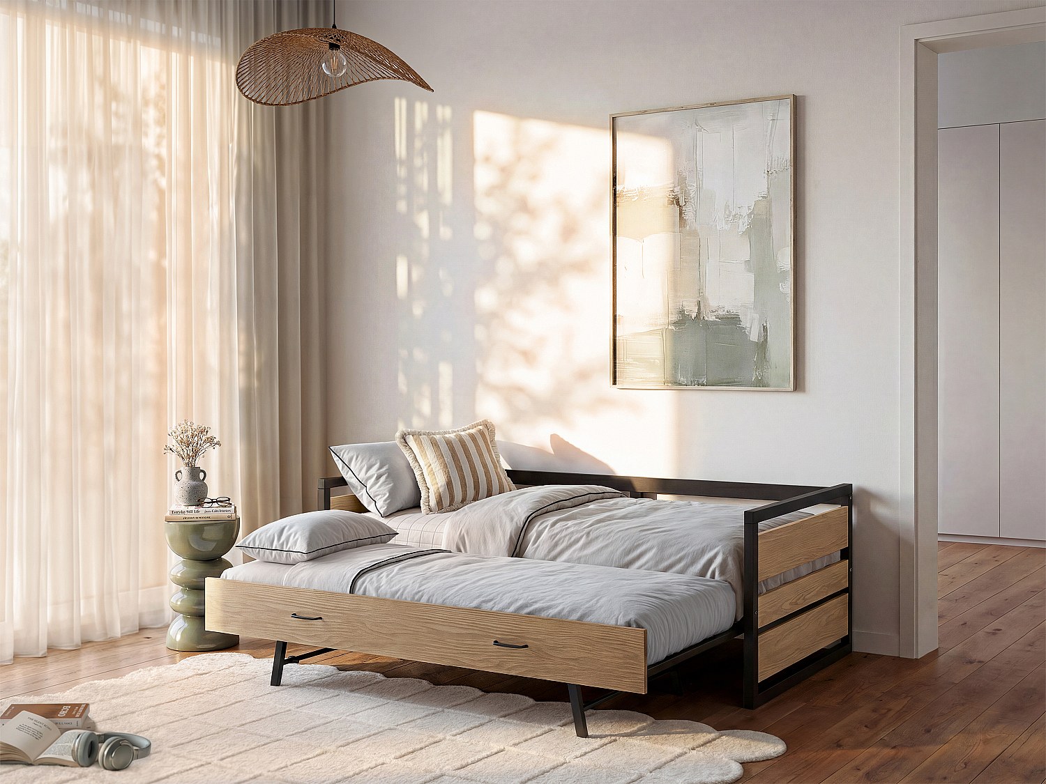Vente-unique Ausziehbett + Matratze - 120 X 200 & 90 X 200 Cm - Mdf, Kiefernholz & Metall - Holzfarben & Anthrazit - Boston