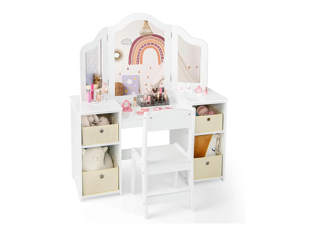 2 en 1 Coiffeuse et Chaise Enfants avec Miroir Amovible à Trois Volets, Table de Maquillage Princesse avec 4 Compartiments et Bacs de Stockage, Charge 100/50kg pour Enfants de 3 Ans+ (Blanc)