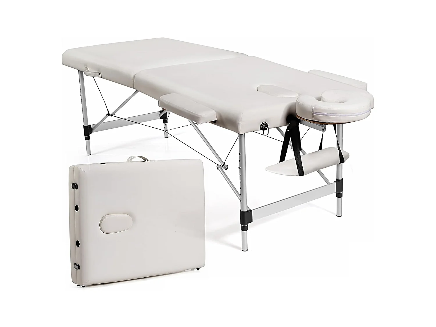 Table de Massage Pliante en Cuir PVC de 185 x 70cm, Lit de Spa Portable à 2 Plis Réglable en Hauteur avec sac de transport, accoudoirs, appui-tête amovible Charge 250KG (Blanc)