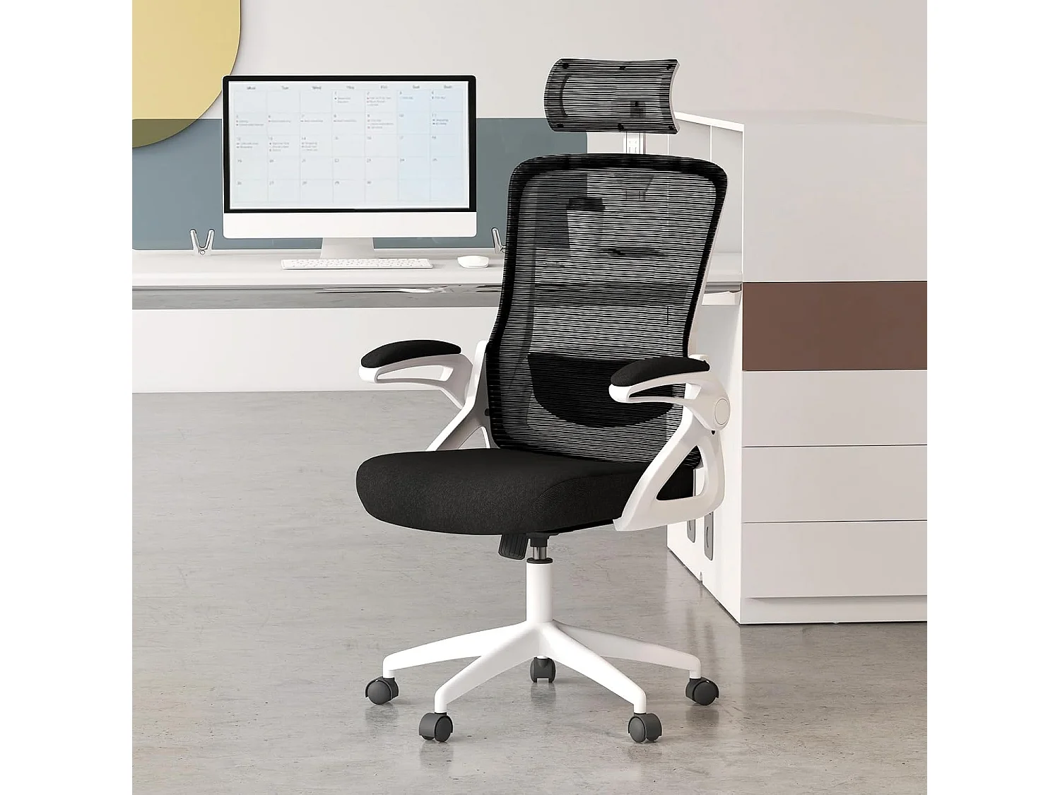 Chaise de Bureau Ergonomique, Fauteuil Pivotante avec Soutien Lombaire & Dossier Basculant en Maille, avec Appuie-tête Ajustable et Accoudoirs Rabattables (Blanc)