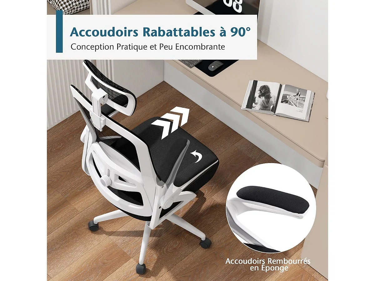 Chaise de Bureau Ergonomique, Fauteuil Pivotante avec Soutien Lombaire & Dossier Basculant en Maille, avec Appuie-tête Ajustable et Accoudoirs Rabattables (Blanc)
