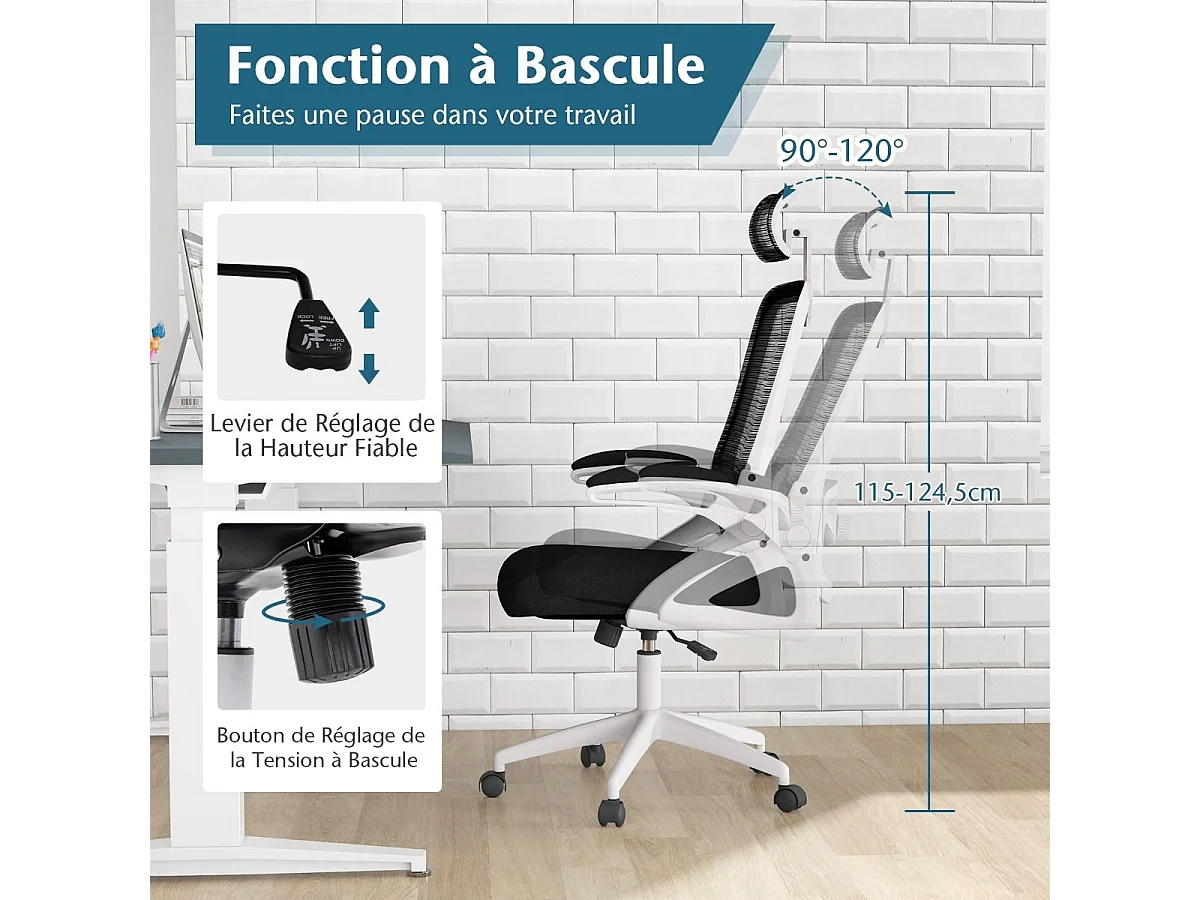 Chaise de Bureau Ergonomique, Fauteuil Pivotante avec Soutien Lombaire & Dossier Basculant en Maille, avec Appuie-tête Ajustable et Accoudoirs Rabattables (Blanc)