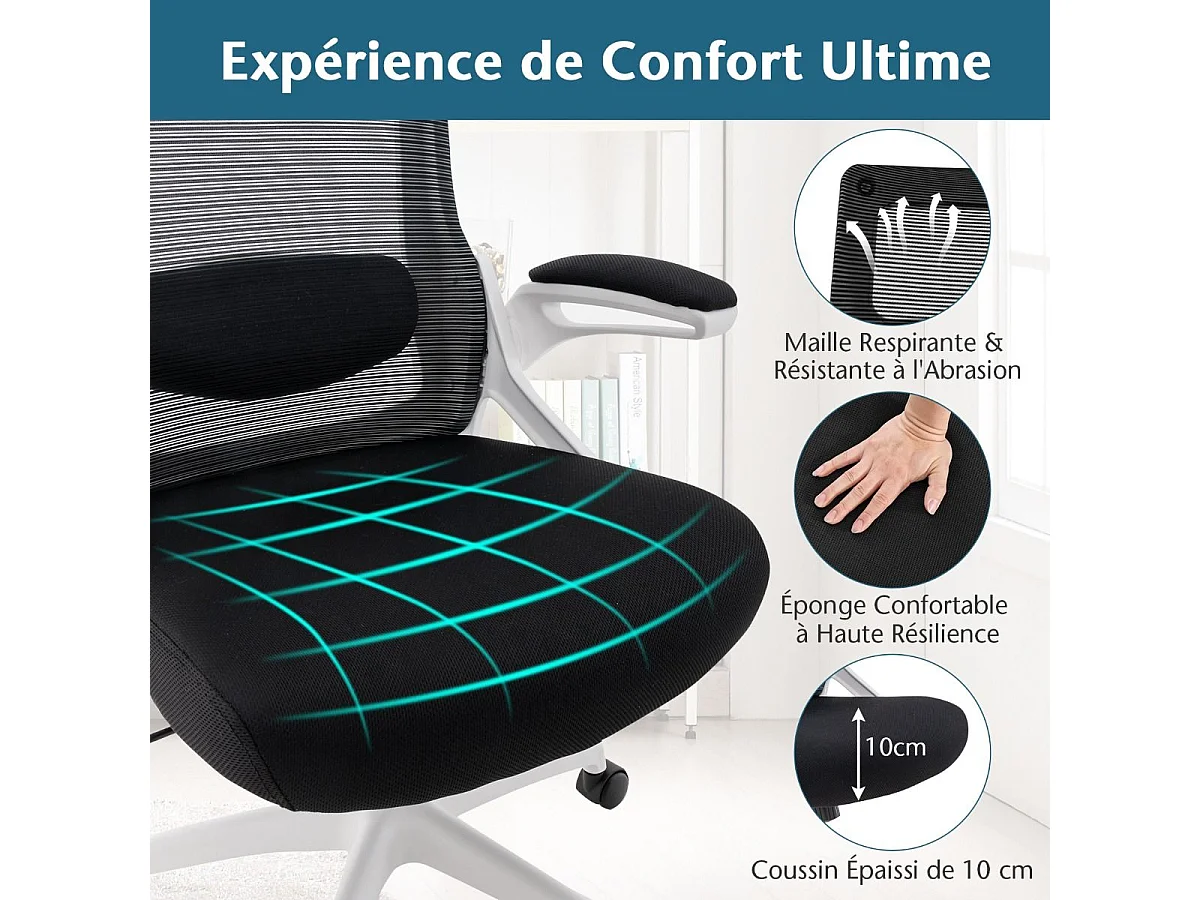 Chaise de Bureau Ergonomique, Fauteuil Pivotante avec Soutien Lombaire & Dossier Basculant en Maille, avec Appuie-tête Ajustable et Accoudoirs Rabattables (Blanc)
