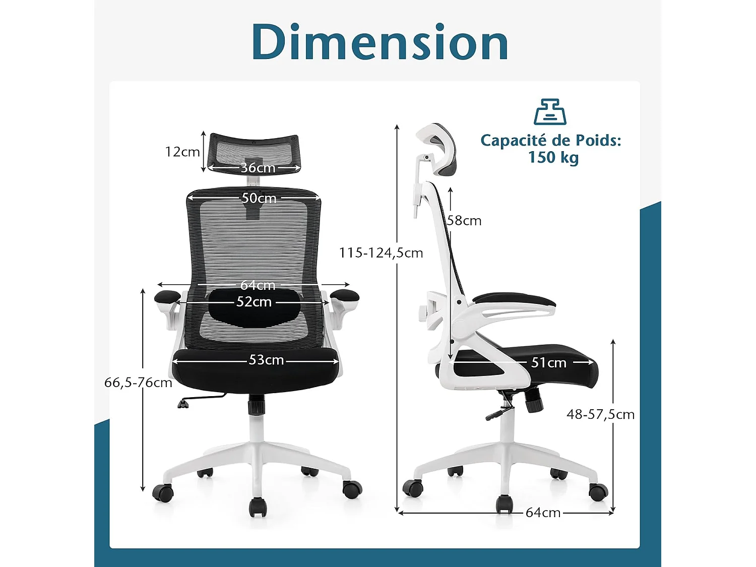 Chaise de Bureau Ergonomique, Fauteuil Pivotante avec Soutien Lombaire & Dossier Basculant en Maille, avec Appuie-tête Ajustable et Accoudoirs Rabattables (Blanc)