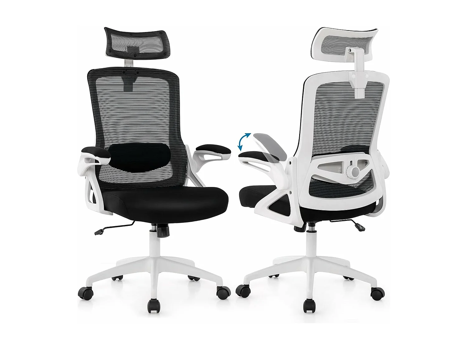 Ergonomische bureaustoel, draaistoel met mesh kantelbare rugleuning, lendensteun, verstelbare hoofdsteun en opklapbare armleuningen (wit)