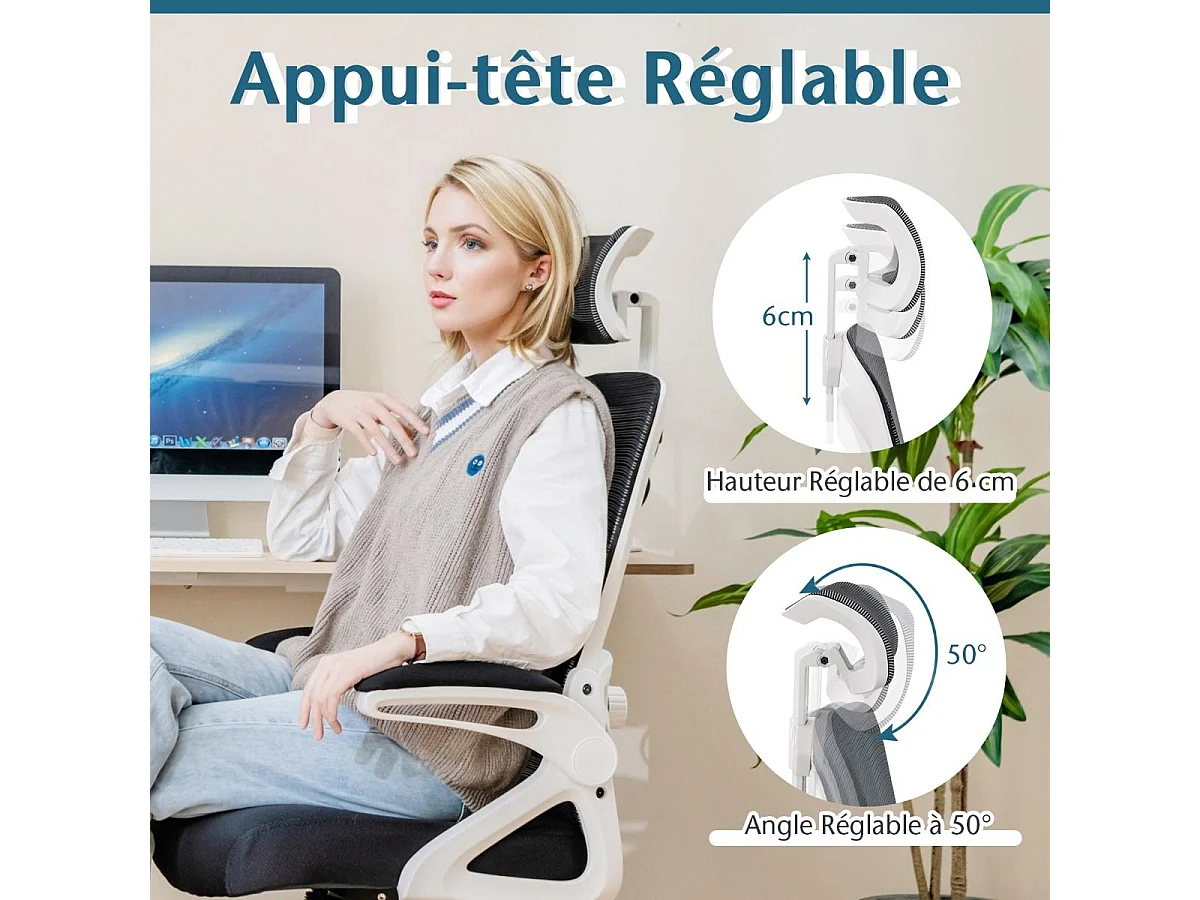Ergonomische bureaustoel, draaistoel met mesh kantelbare rugleuning, lendensteun, verstelbare hoofdsteun en opklapbare armleuningen (wit)