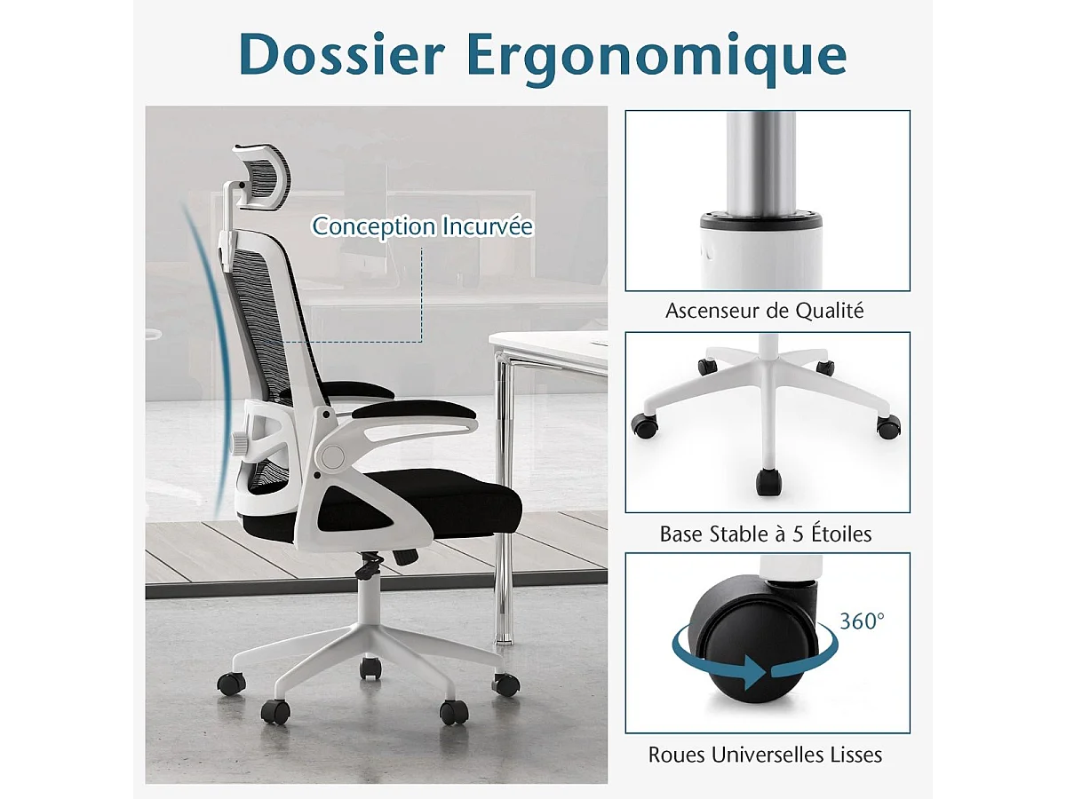 Ergonomische bureaustoel, draaistoel met mesh kantelbare rugleuning, lendensteun, verstelbare hoofdsteun en opklapbare armleuningen (wit)