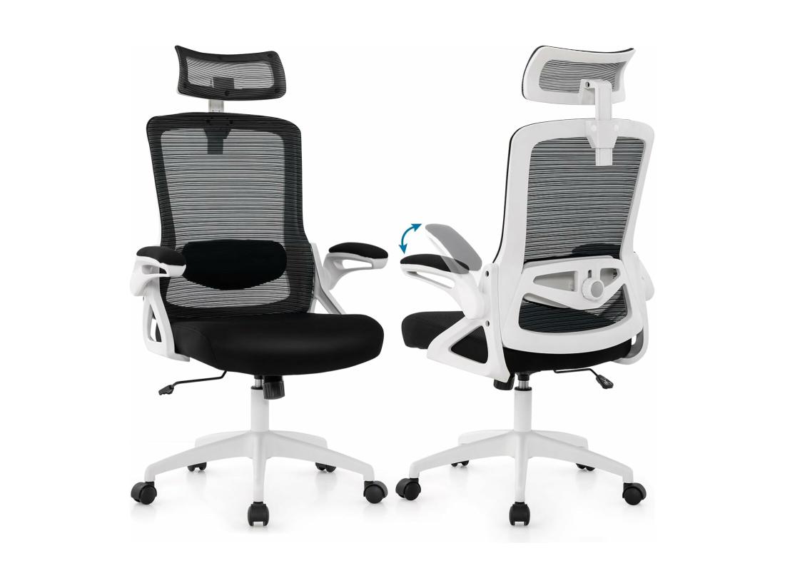 vente unique Chaise de Bureau Ergonomique Fauteuil Pivotante avec Soutien Lombaire & Dossier Basculant en Maille avec Appuie-tête Ajustable et Accoudoirs Rabattables (Blanc)