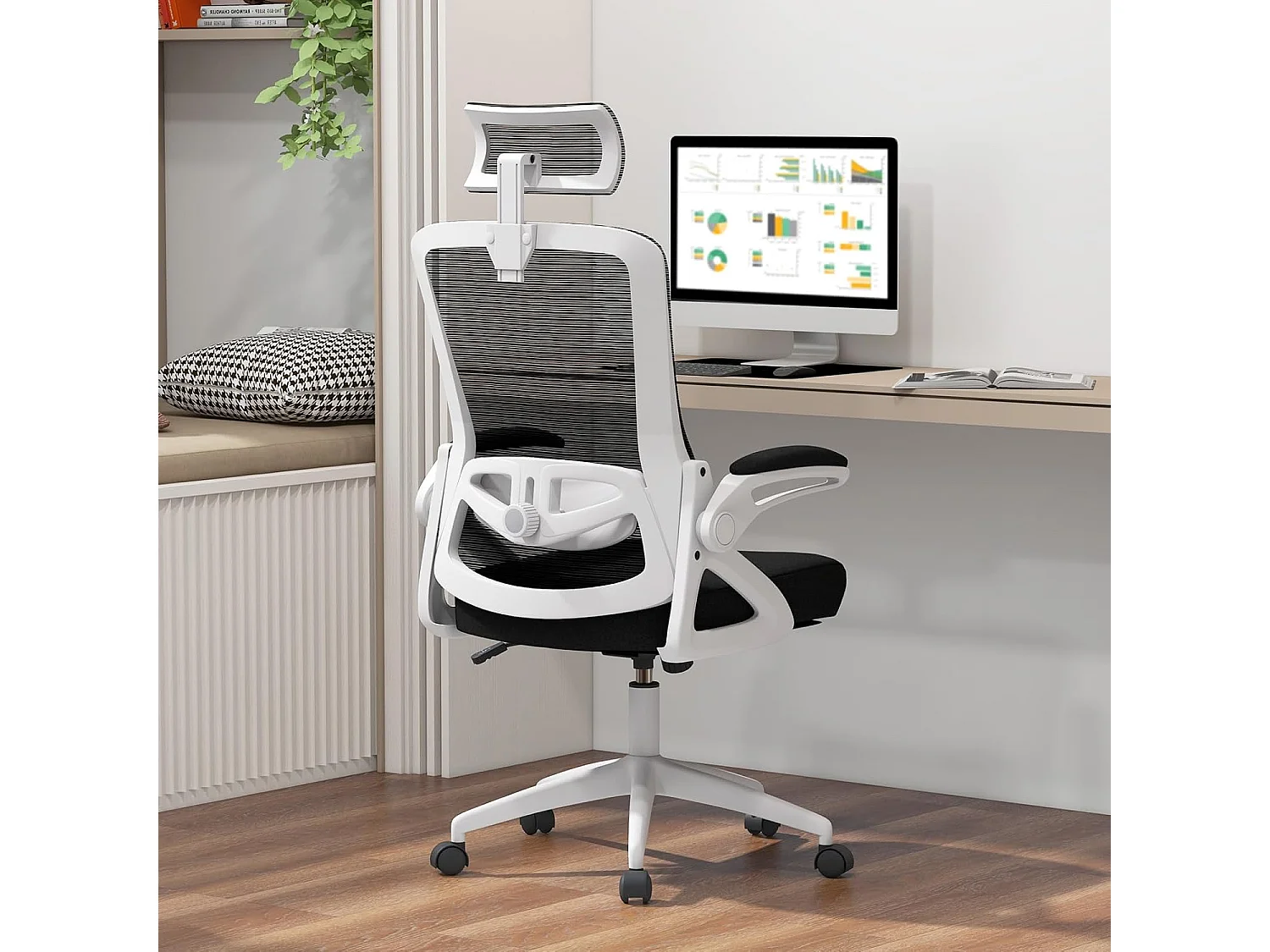 Chaise de Bureau Ergonomique, Fauteuil Pivotante avec Soutien Lombaire & Dossier Basculant en Maille, avec Appuie-tête Ajustable et Accoudoirs Rabattables (Blanc)