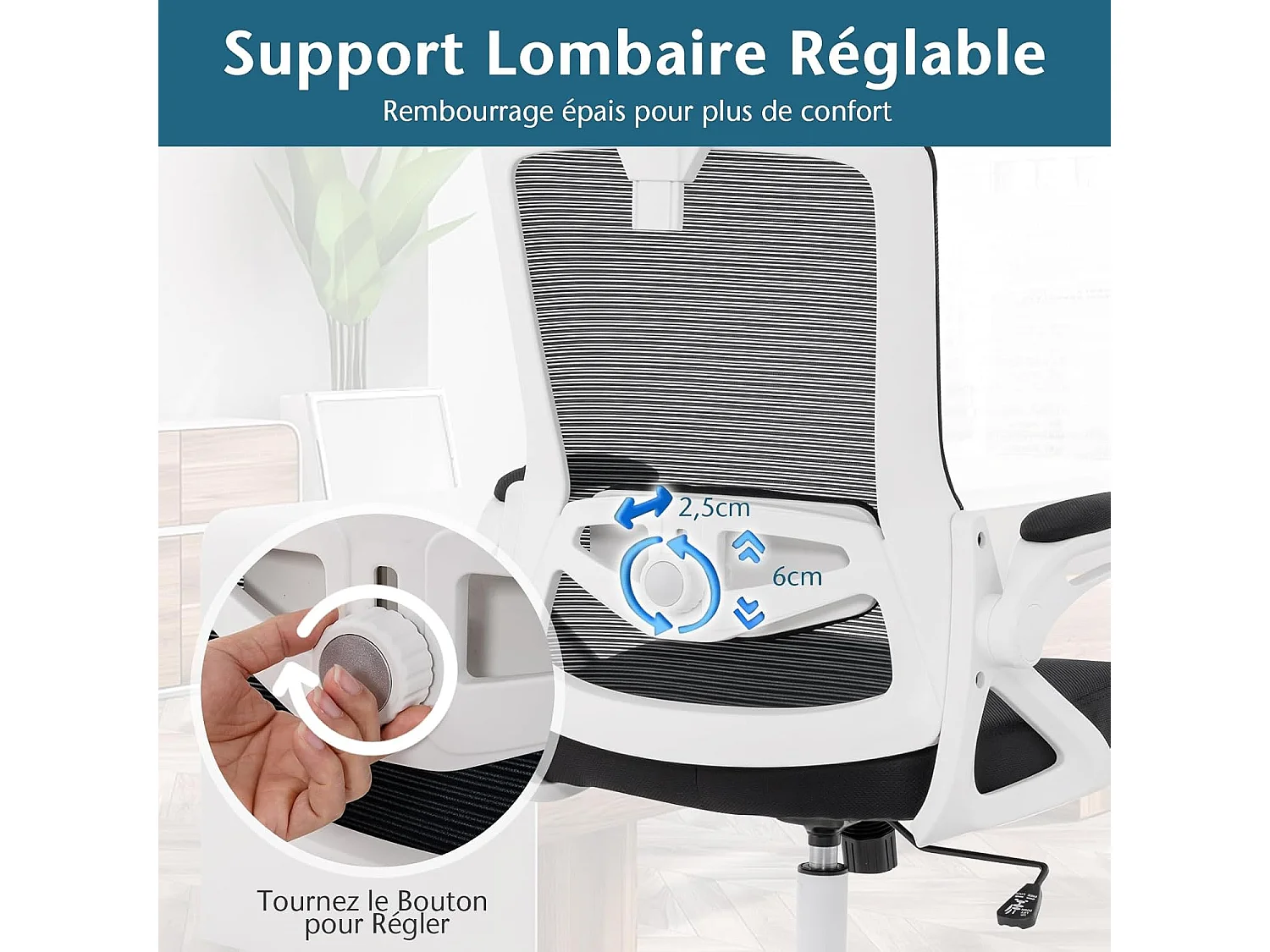 Chaise de Bureau Ergonomique, Fauteuil Pivotante avec Soutien Lombaire & Dossier Basculant en Maille, avec Appuie-tête Ajustable et Accoudoirs Rabattables (Blanc)