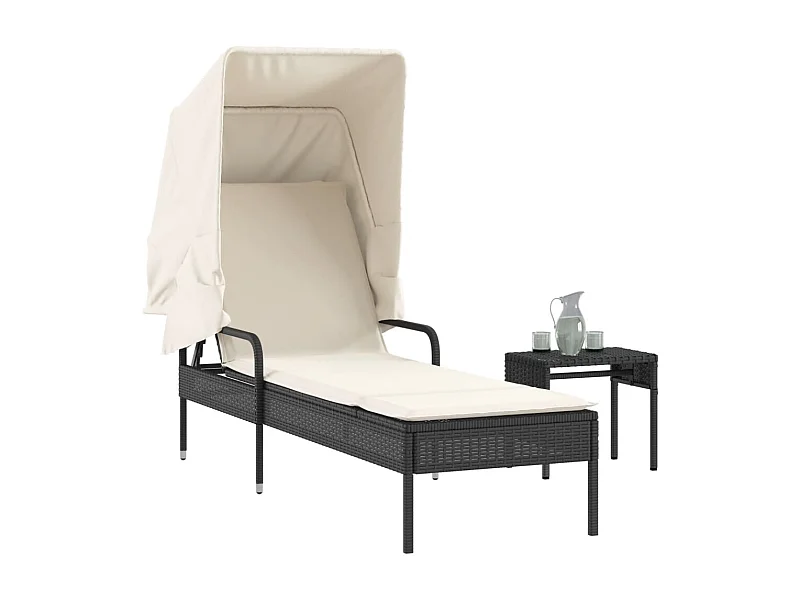 Ligbed met luifel en tafel poly rattan zwart BE160663