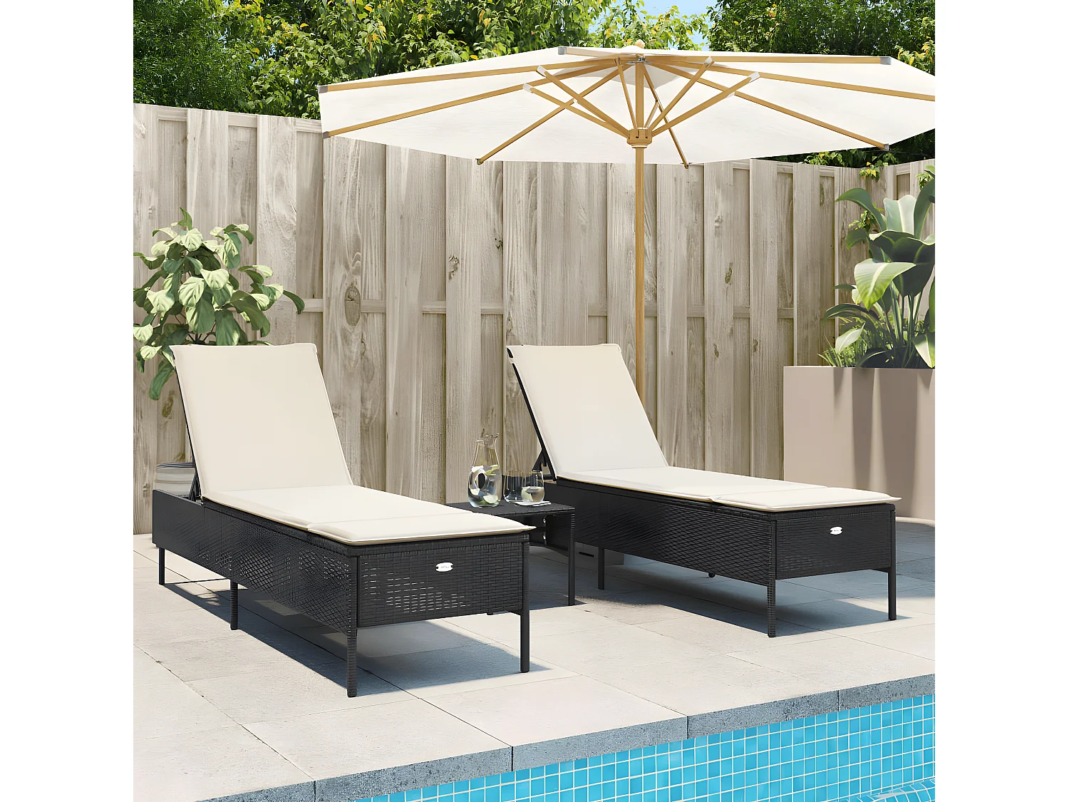 Lot de 2 Bains de soleil avec coussins noir résine tressée FR69911