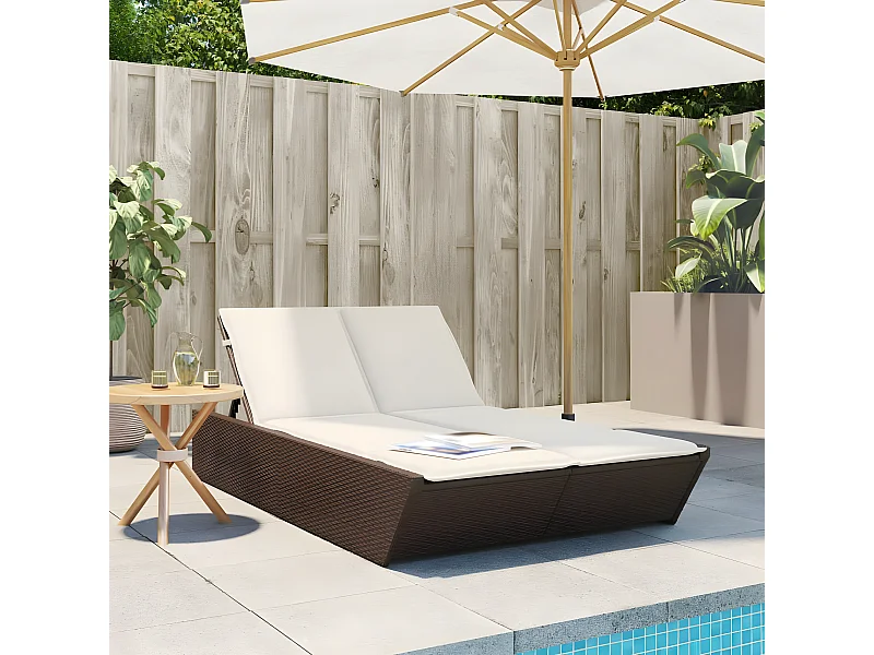 Bain de soleil double avec coussins marron résine tressée FR26415