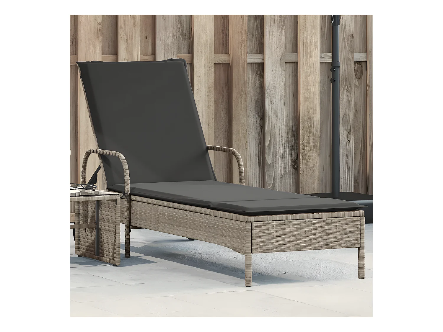 Bain de soleil avec roues et coussins gris clair résine tressée FR85223