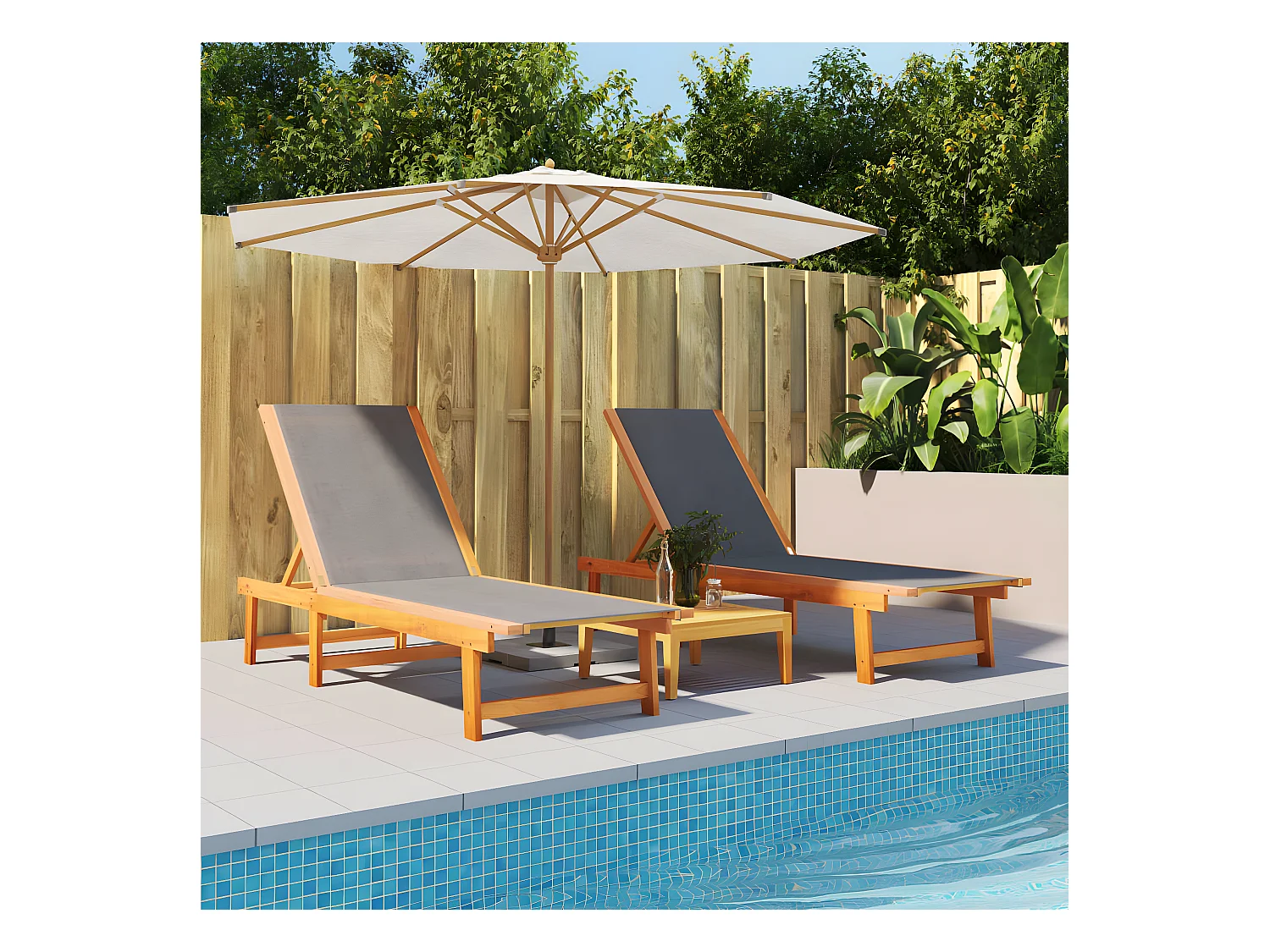 Lot de 2 Bains de soleil noir bois d'acacia solide et textilène FR99072