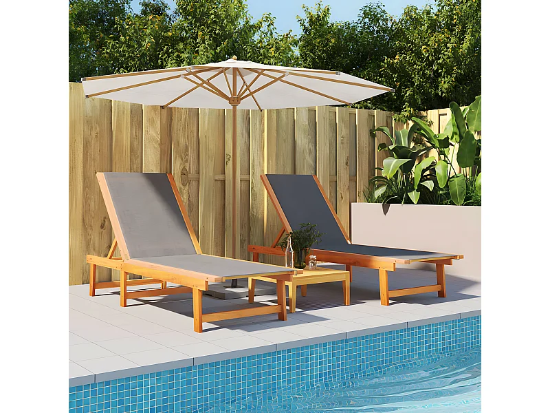 Lot de 2 Bains de soleil noir bois d'acacia solide et textilène FR99072