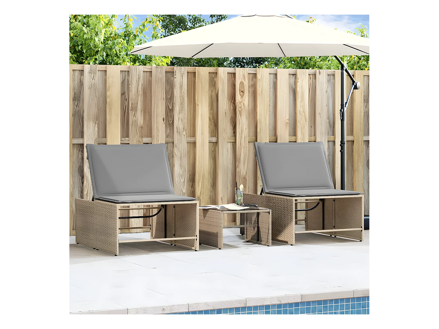 Lot de 2 Bains de soleil avec table beige résine tressée FR98108
