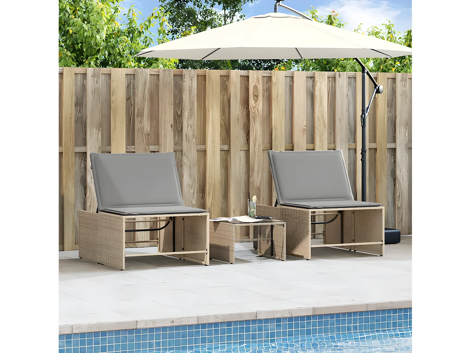 Ligstoelen 2 st met tafel poly rattan beige BE925345