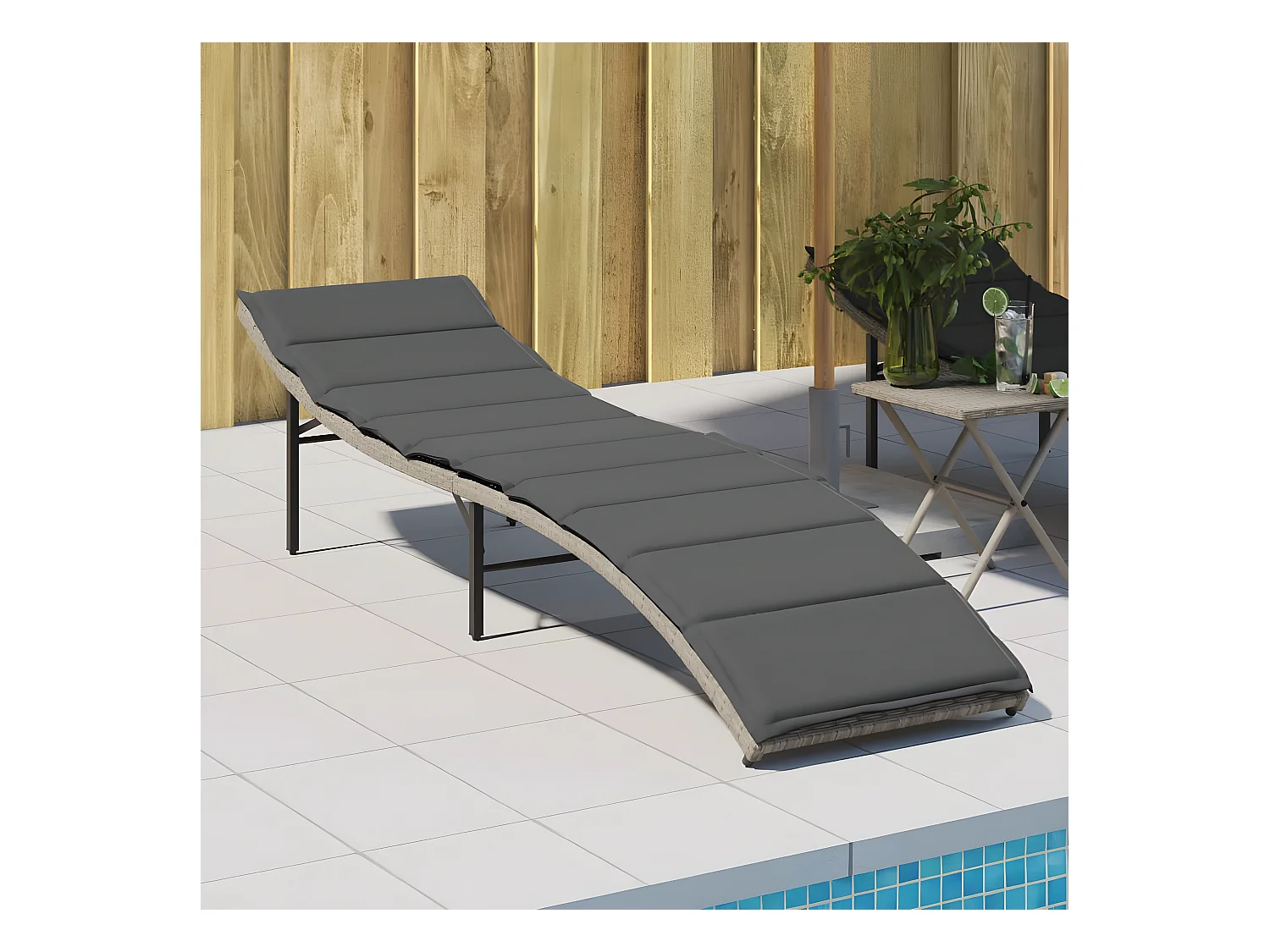 Bain de soleil et coussin gris clair 55x199x50 cm résine tressée FR95212