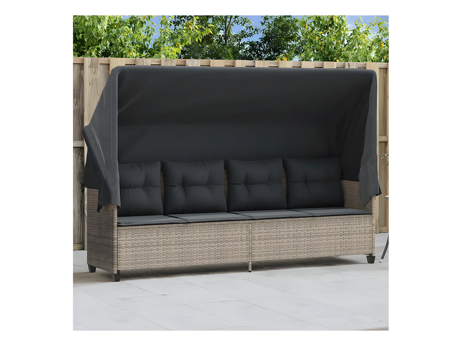Bain de soleil avec auvent et coussins gris clair résine tressée FR21779