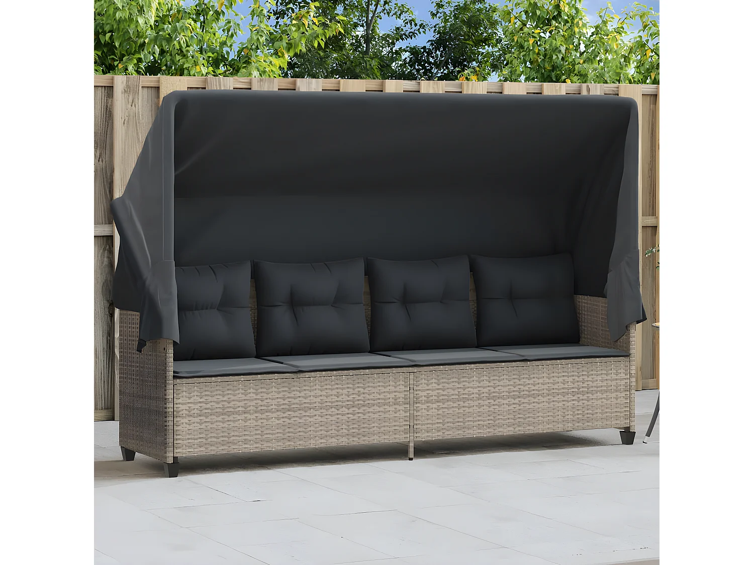 Bain de soleil avec auvent et coussins gris clair résine tressée FR21779