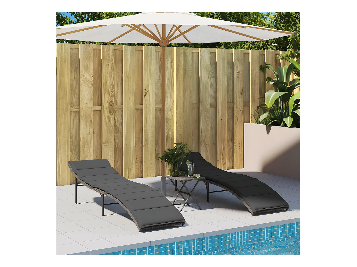 Lot de 2 Bains de soleil avec coussins gris résine tressée FR95627