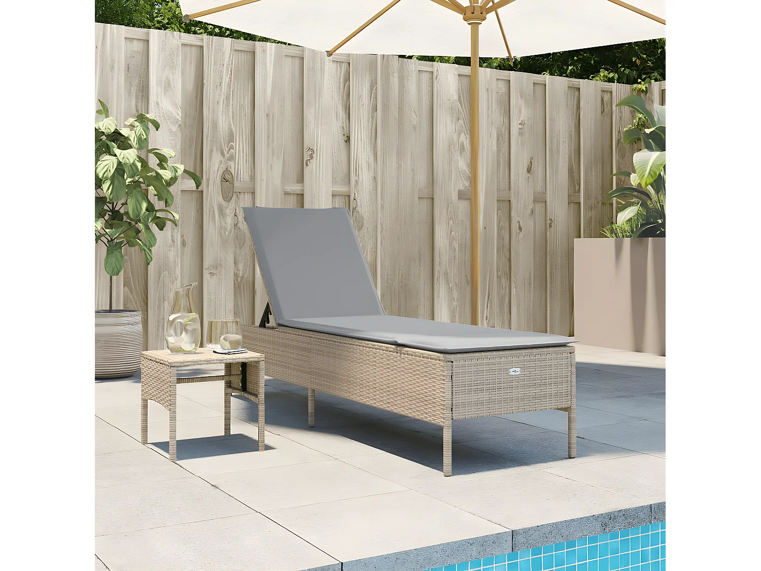 Ligbed met tafel en kussen poly rattan beige BE440579