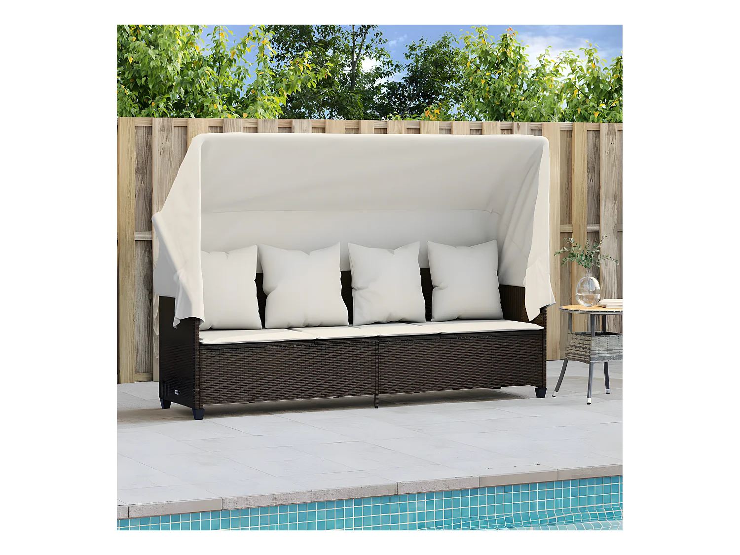 Bain de soleil avec auvent et coussins marron résine tressée FR68794
