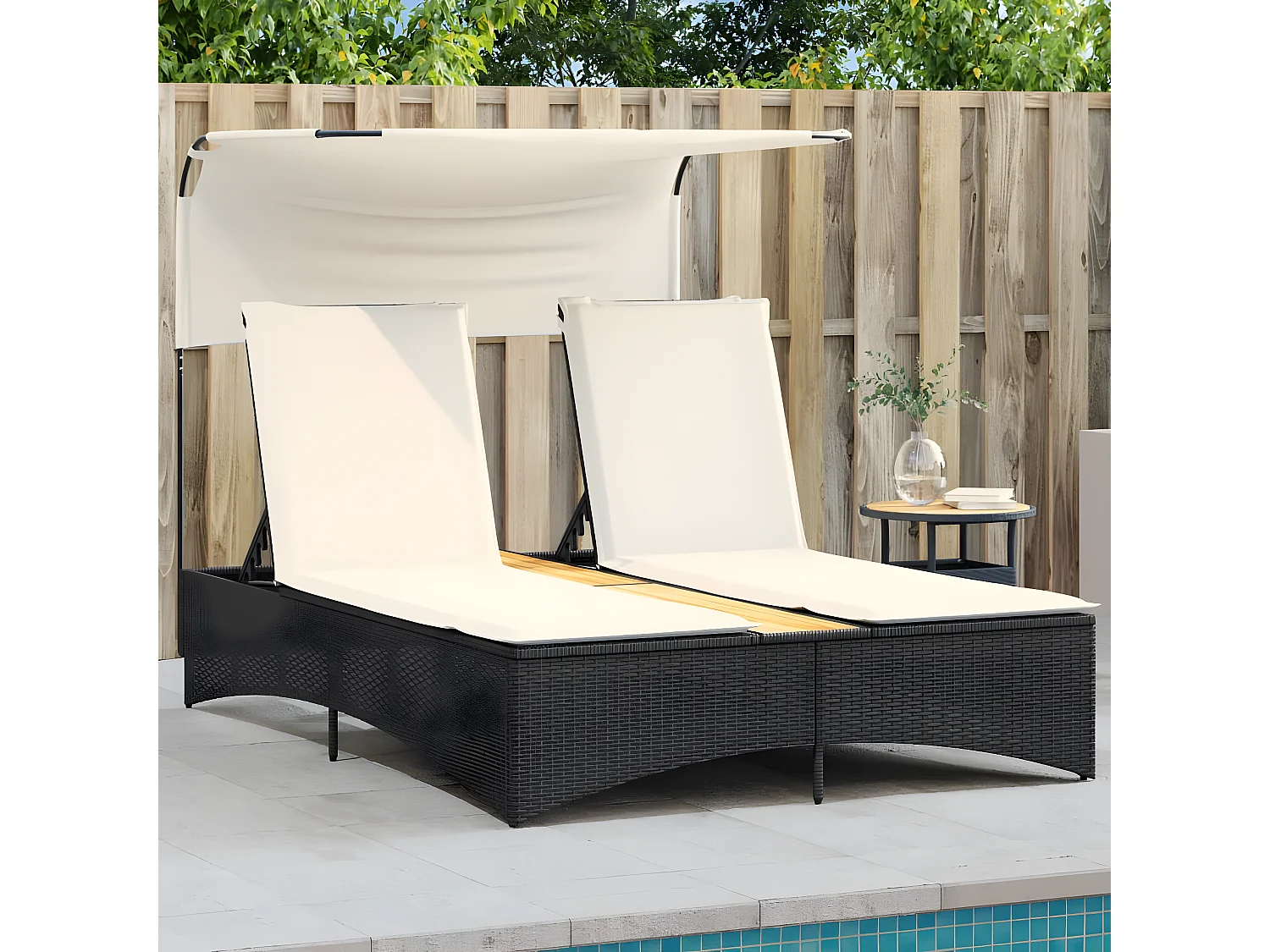 Bain de soleil double et auvent et coussins noir résine tressée FR50653