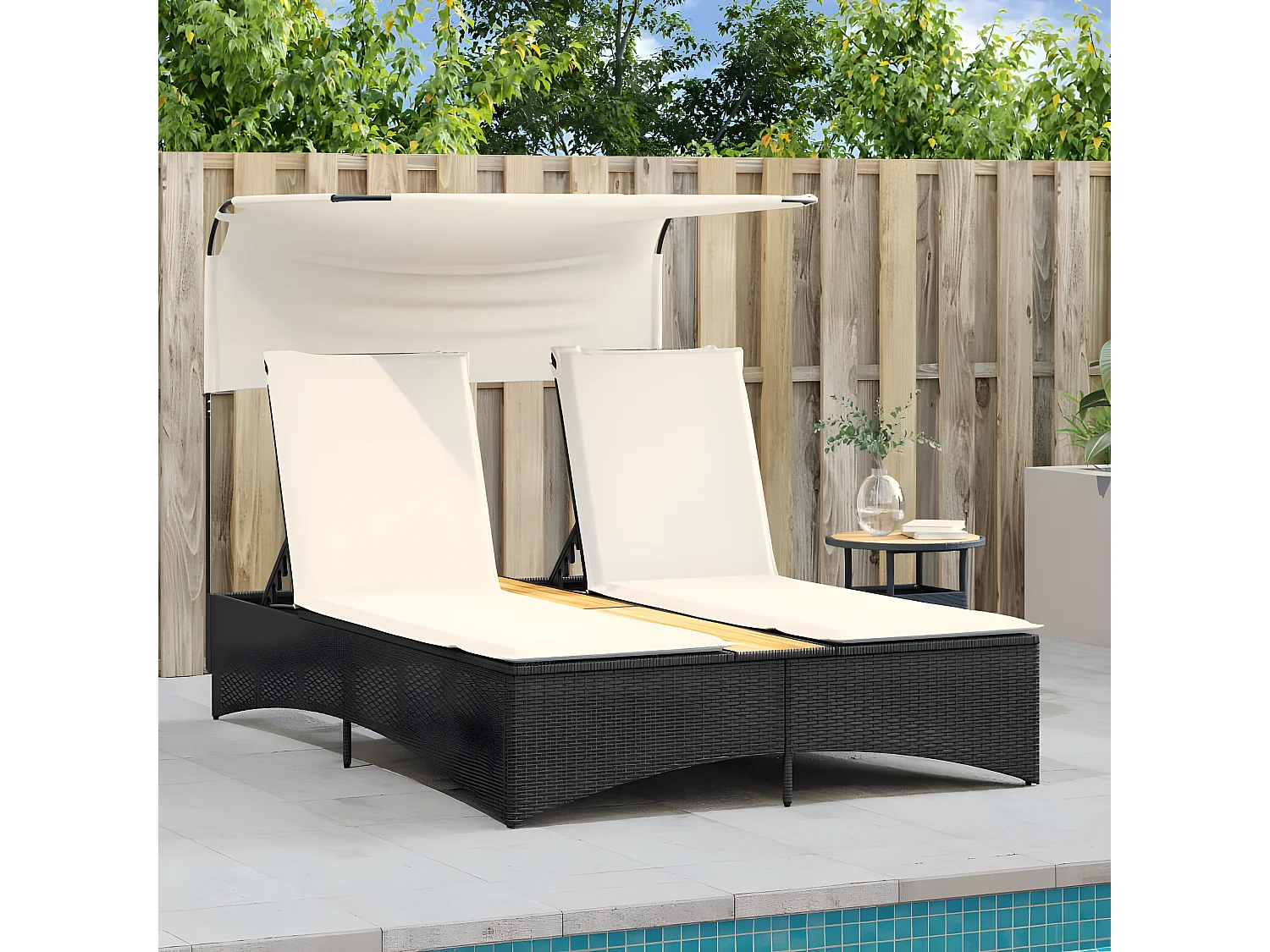 Bain de soleil double et auvent et coussins noir résine tressée FR50653