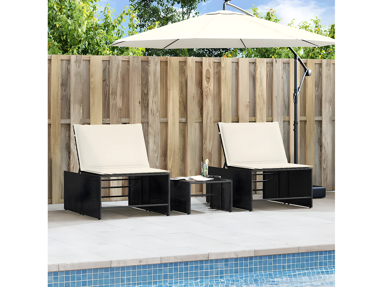 Lot de 2 Bains de soleil avec table noir résine tressée FR21423