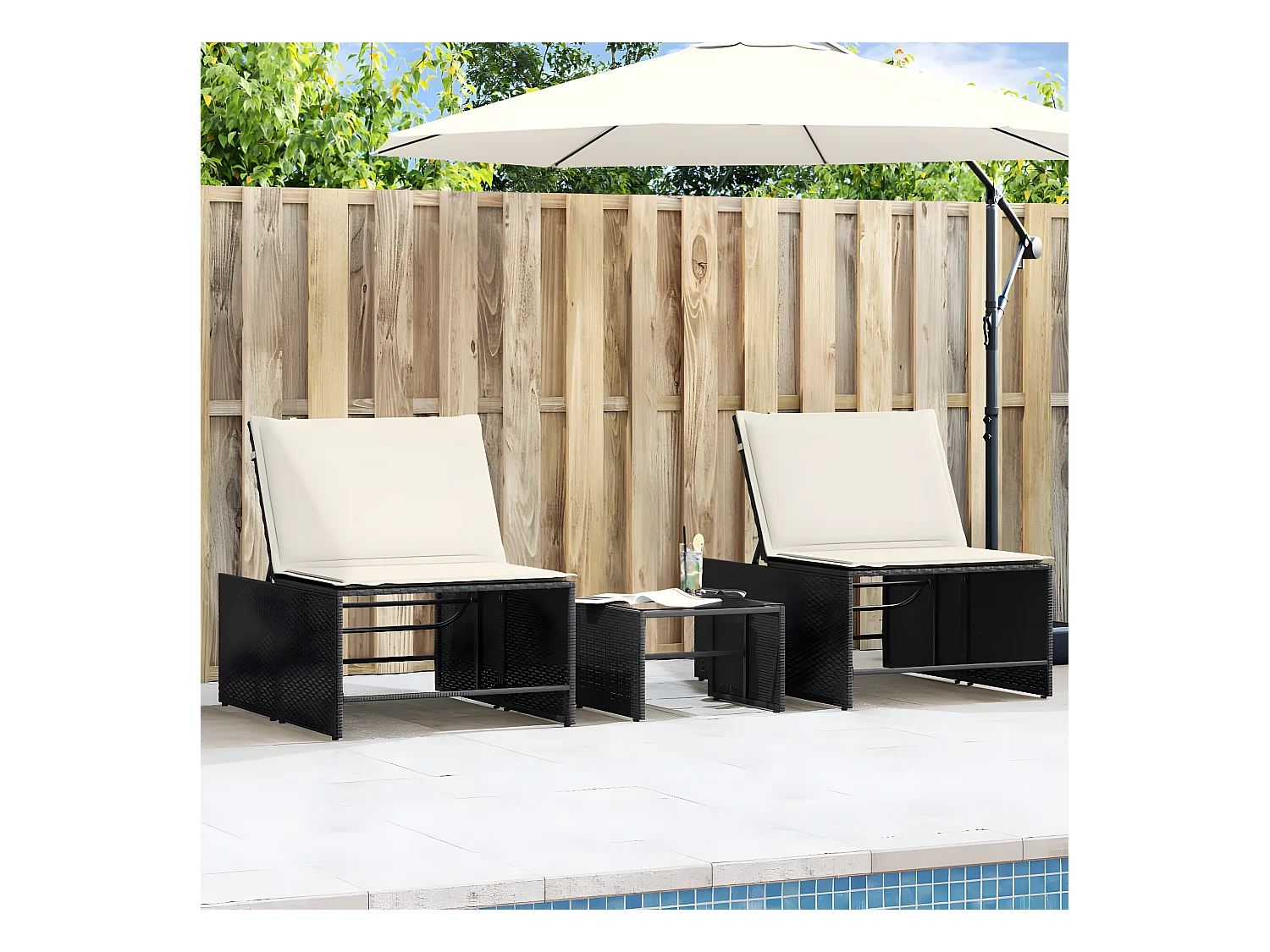 Lot de 2 Bains de soleil avec table noir résine tressée FR21423