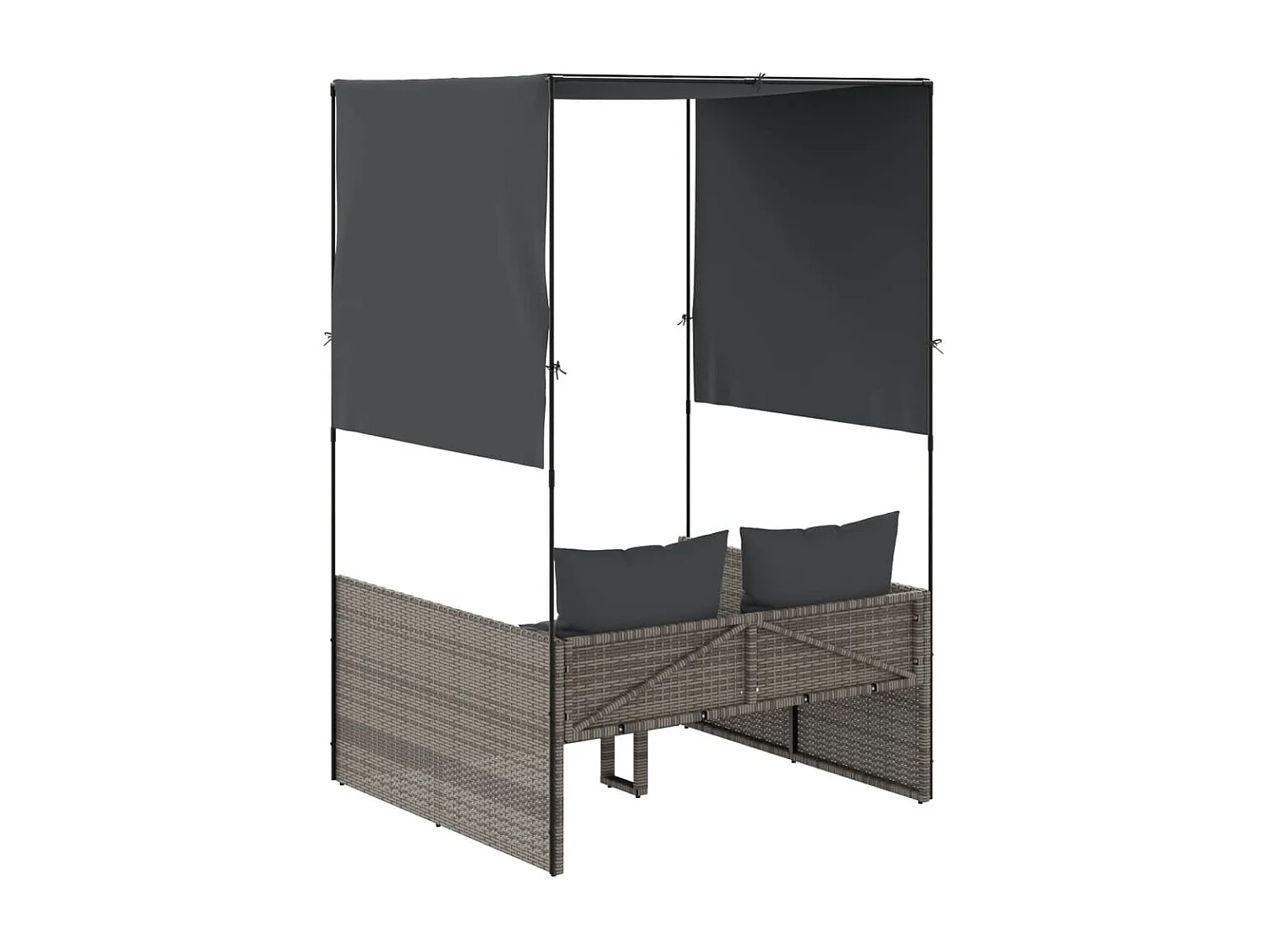 Bain de soleil double avec toit et rideaux gris résine tressée FR76406