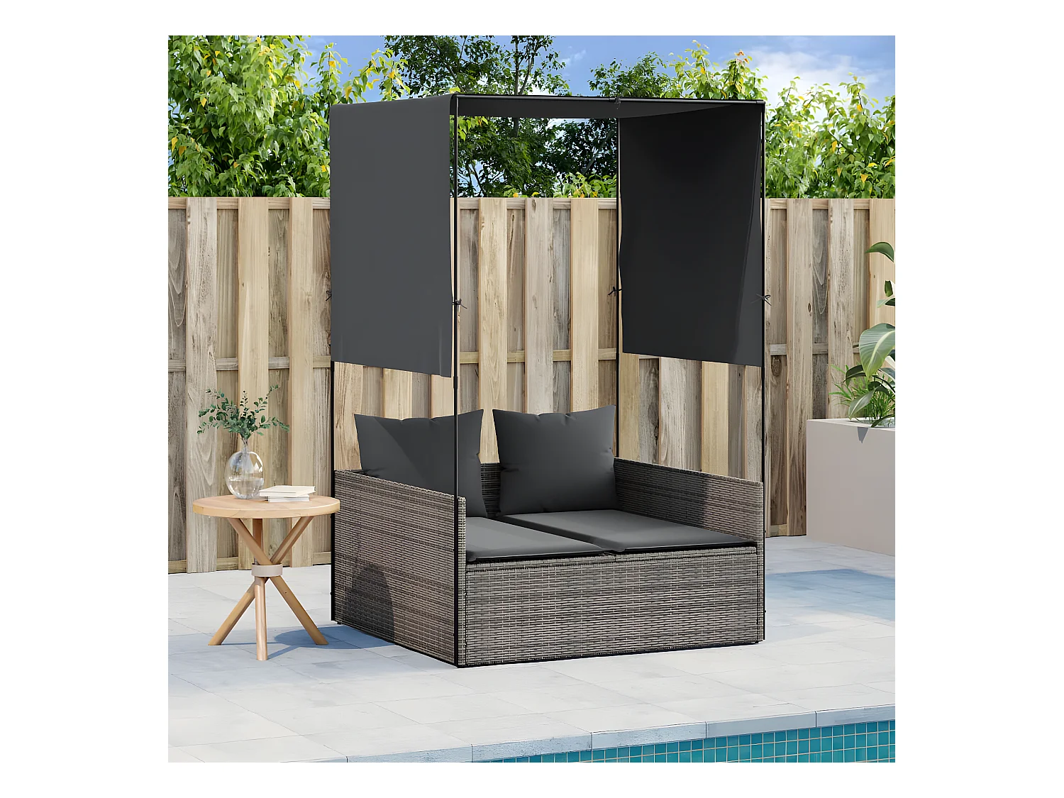 Bain de soleil double avec toit et rideaux gris résine tressée FR76406