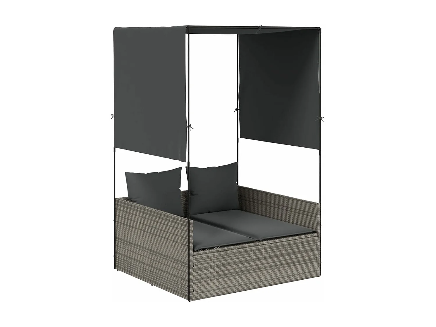 Bain de soleil double avec toit et rideaux gris résine tressée FR76406