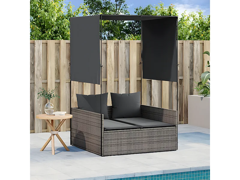 Bain de soleil double avec toit et rideaux gris résine tressée FR76406