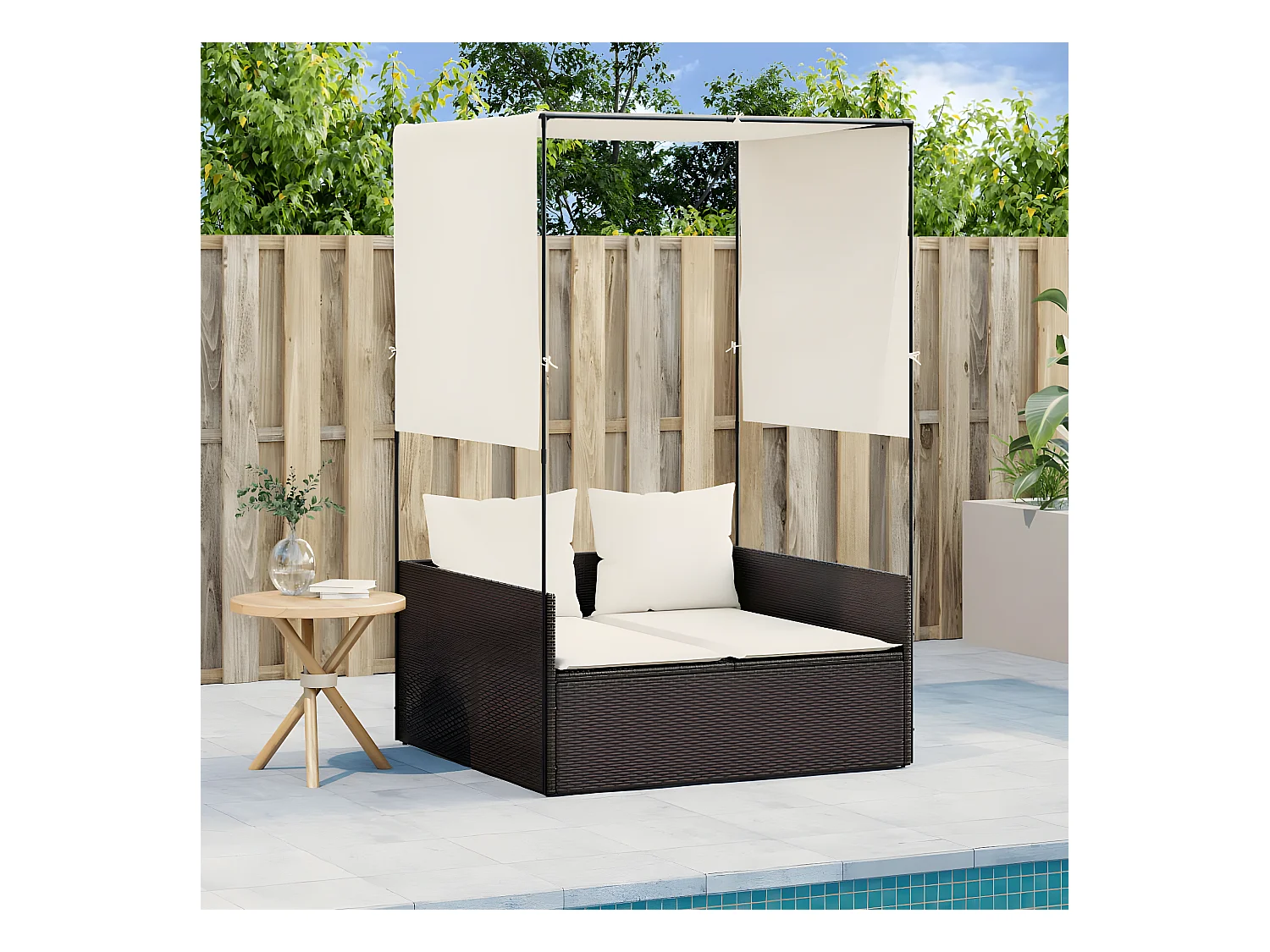 Bain de soleil double avec toit et rideaux marron résine tressée FR11295