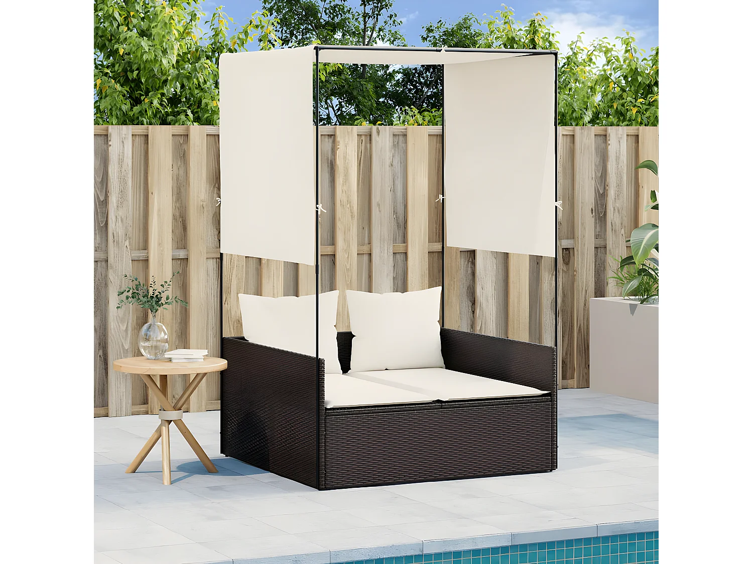 Bain de soleil double avec toit et rideaux marron résine tressée FR11295
