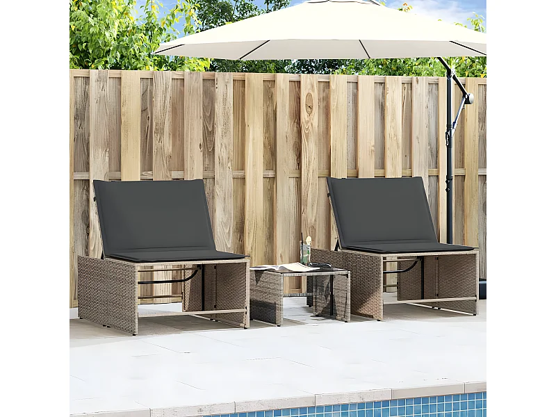 Lot de 2 Bains de soleil avec table gris résine tressée FR21610