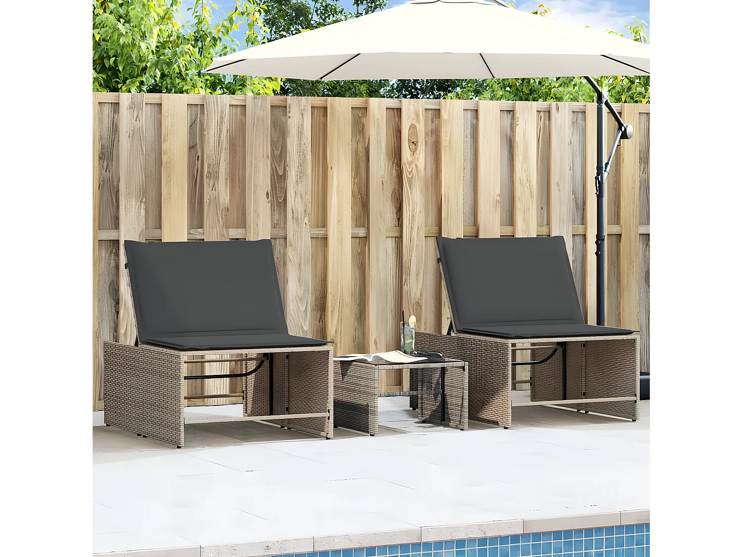 Lot de 2 Bains de soleil avec table gris résine tressée FR21610