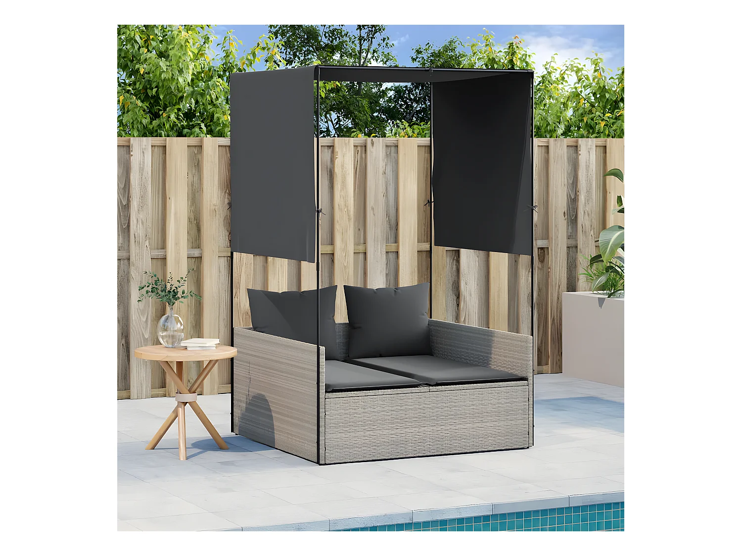 Bain de soleil double avec toit et rideaux gris clair poly rotin FR85056