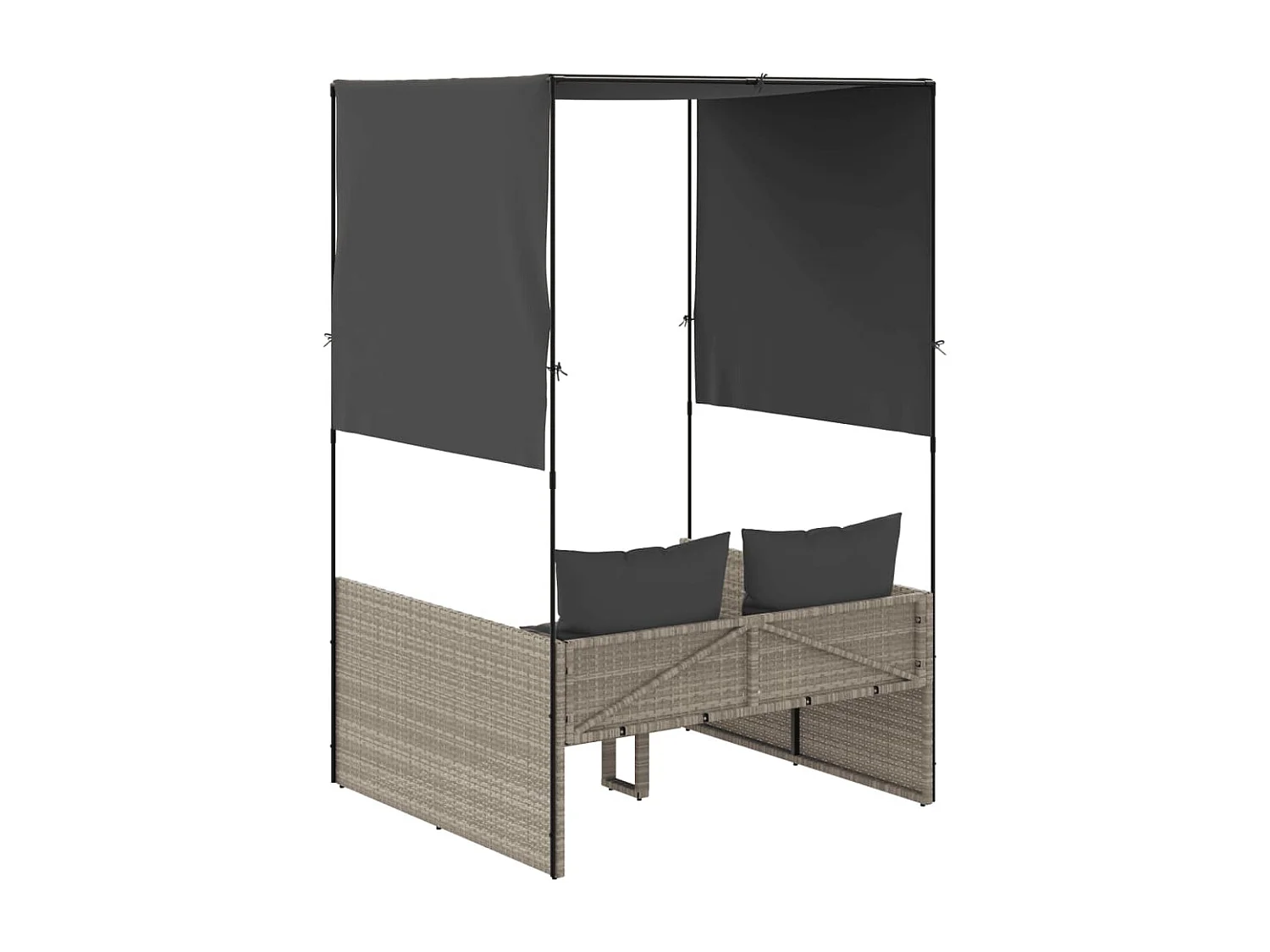 Bain de soleil double avec toit et rideaux gris clair poly rotin FR85056