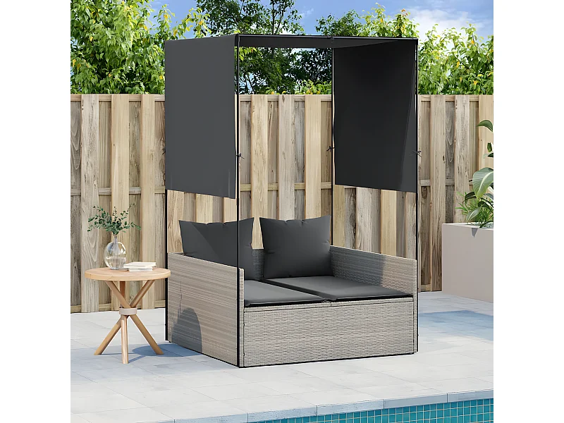 Ligbed tweepersoons met dak en gordijn poly rattan lichtgrijs BE362883