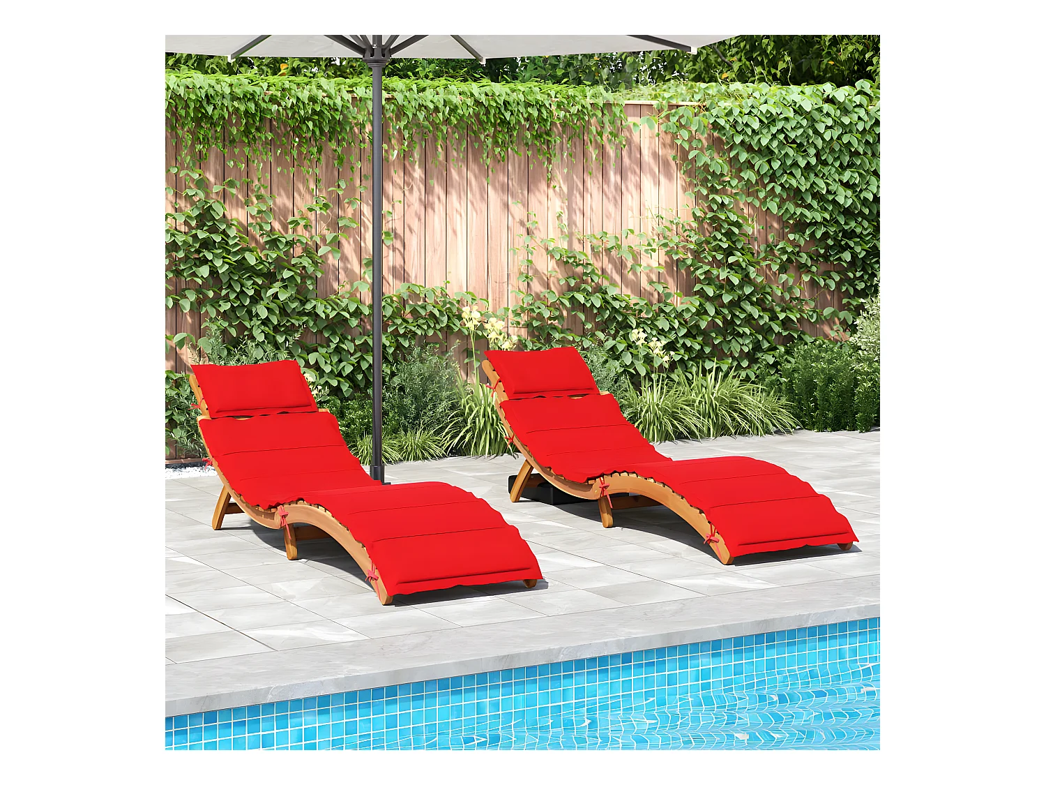 Lot de 2 Bains de soleil avec coussins rouge bois massif acacia FR15099