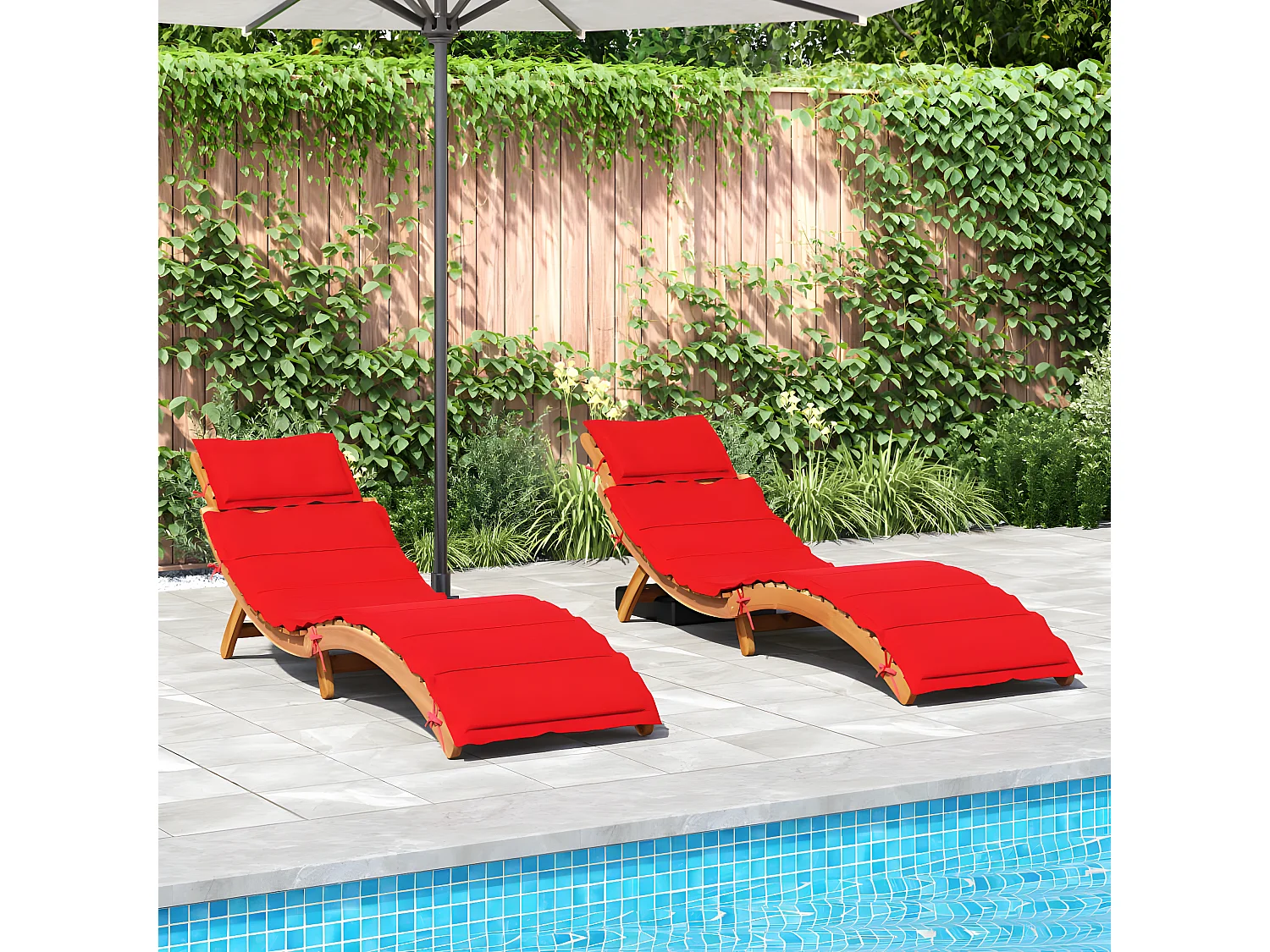 Lot de 2 Bains de soleil avec coussins rouge bois massif acacia FR15099