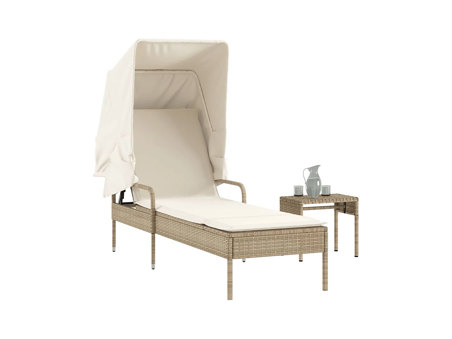 Bain de soleil avec auvent et table beige résine tressée FR27596