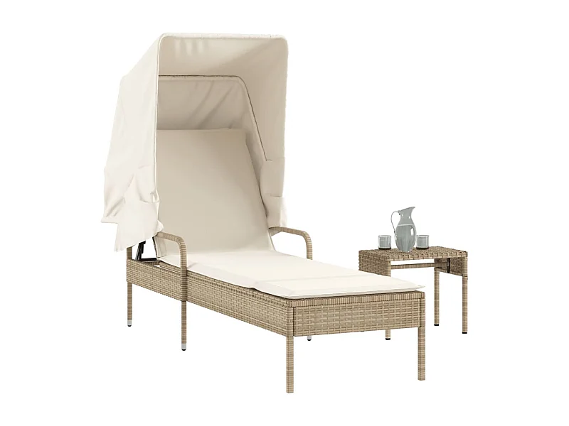 Bain de soleil avec auvent et table beige résine tressée FR27596