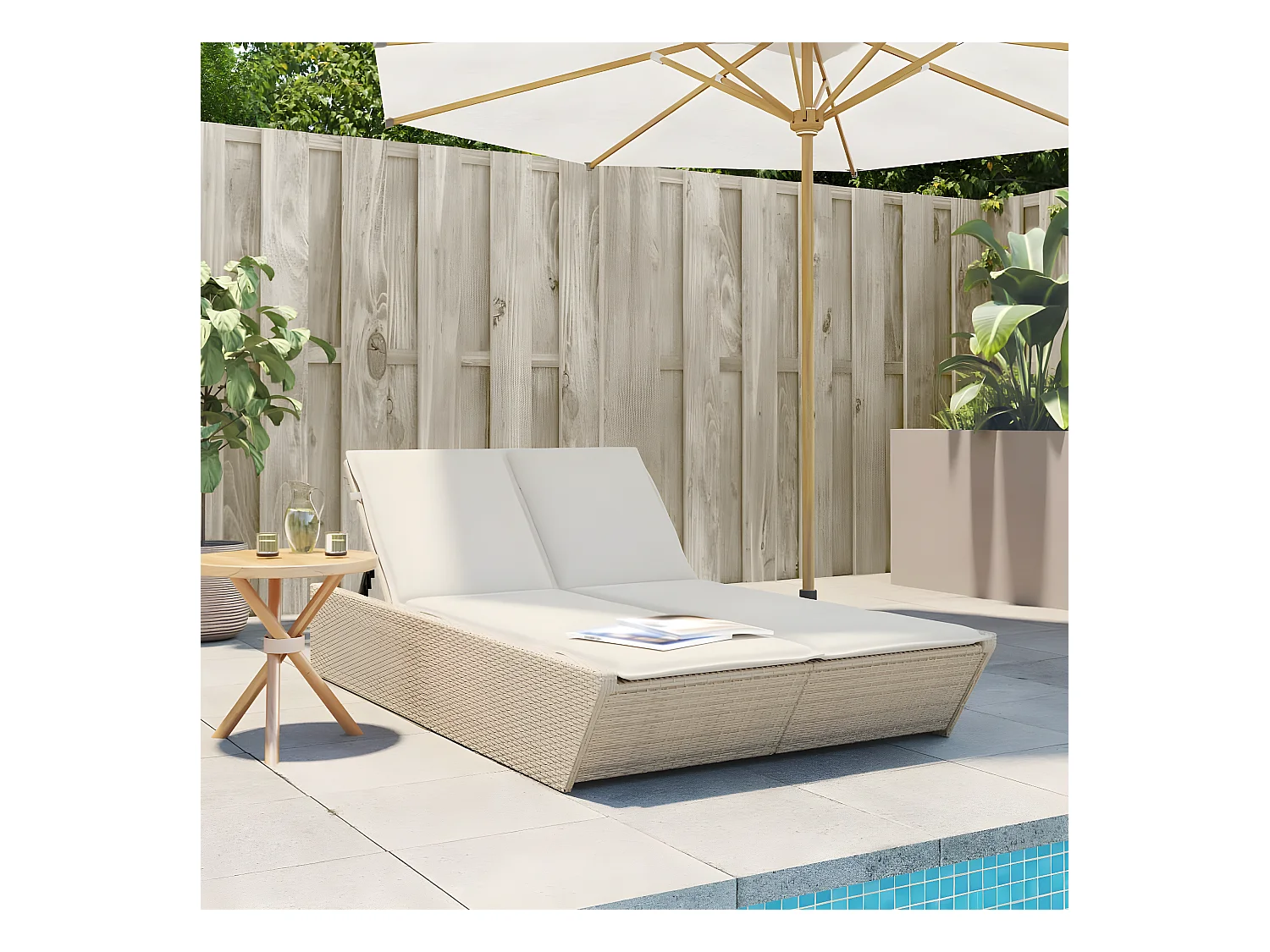 Bain de soleil double avec coussins beige résine tressée FR86399