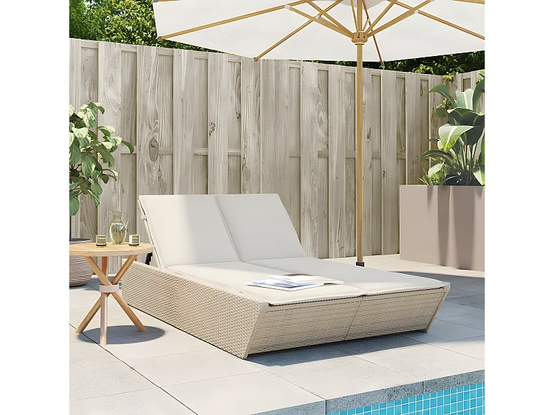 Bain de soleil double avec coussins beige résine tressée FR86399