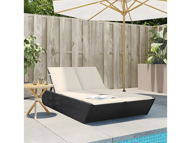 Bain de soleil double avec coussins noir résine tressée FR49080